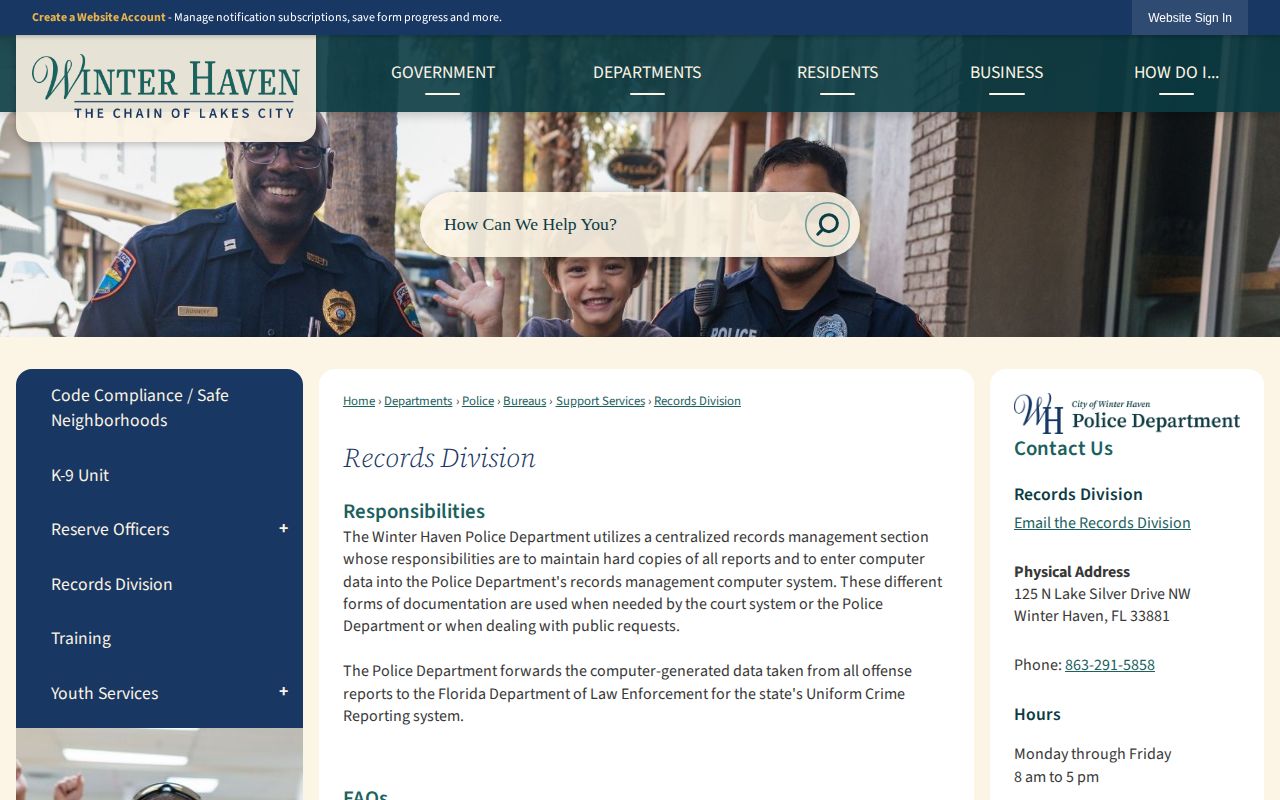 Winter Haven Police Records Division request information for arrest records